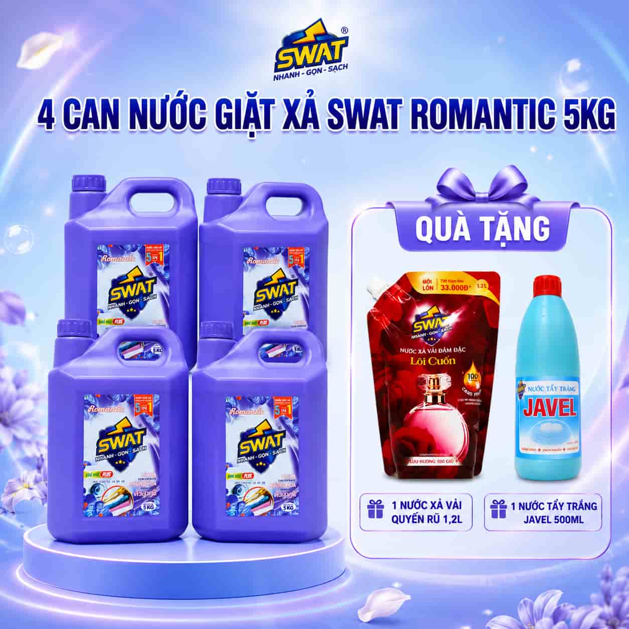 4 can nước giặt xả SWAT Romantic 5kg tặng 1 nước xả vải quyến rũ 1,2L + 1 nước tẩy trắng Javel 500ml