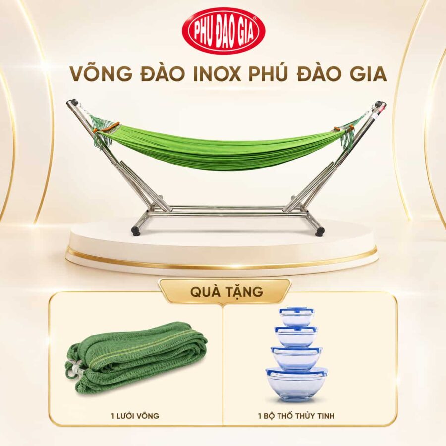 Võng Xếp inox 304 Phú Đào Gia Tặng bộ thố thuỷ tinh và 1 lưới võng