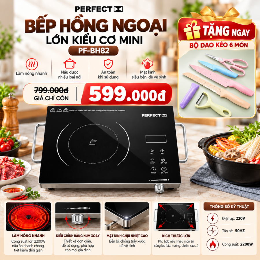 Bếp hồng ngoại Perfect lớn kiểu cơ mini PF-BH82