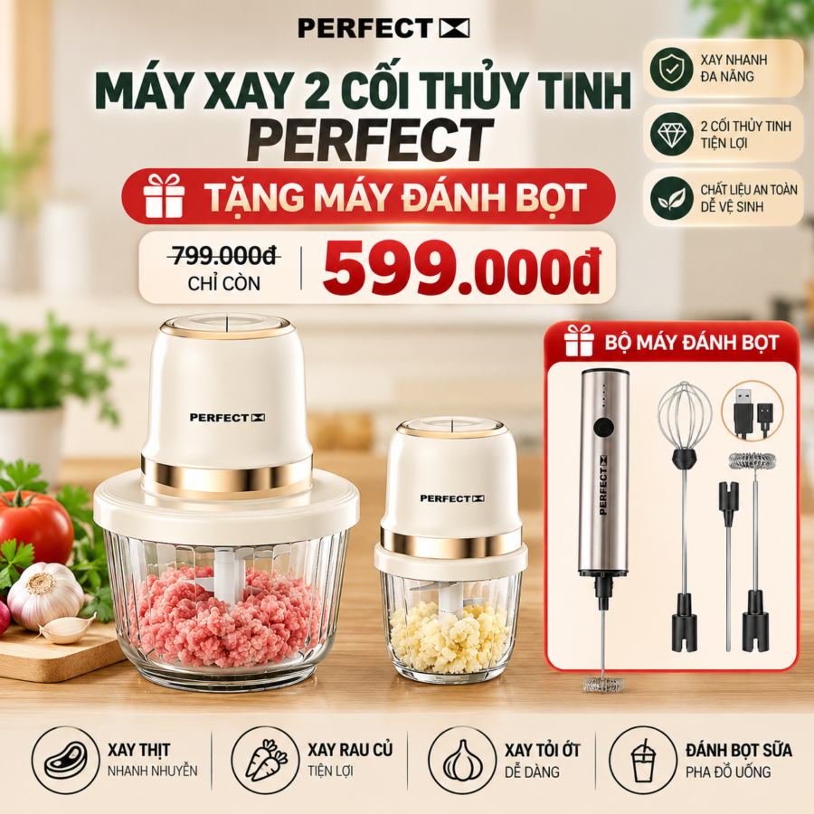 Máy xay thịt đa năng 2 cối thuỷ tinh tặng 1 máy đánh bọt