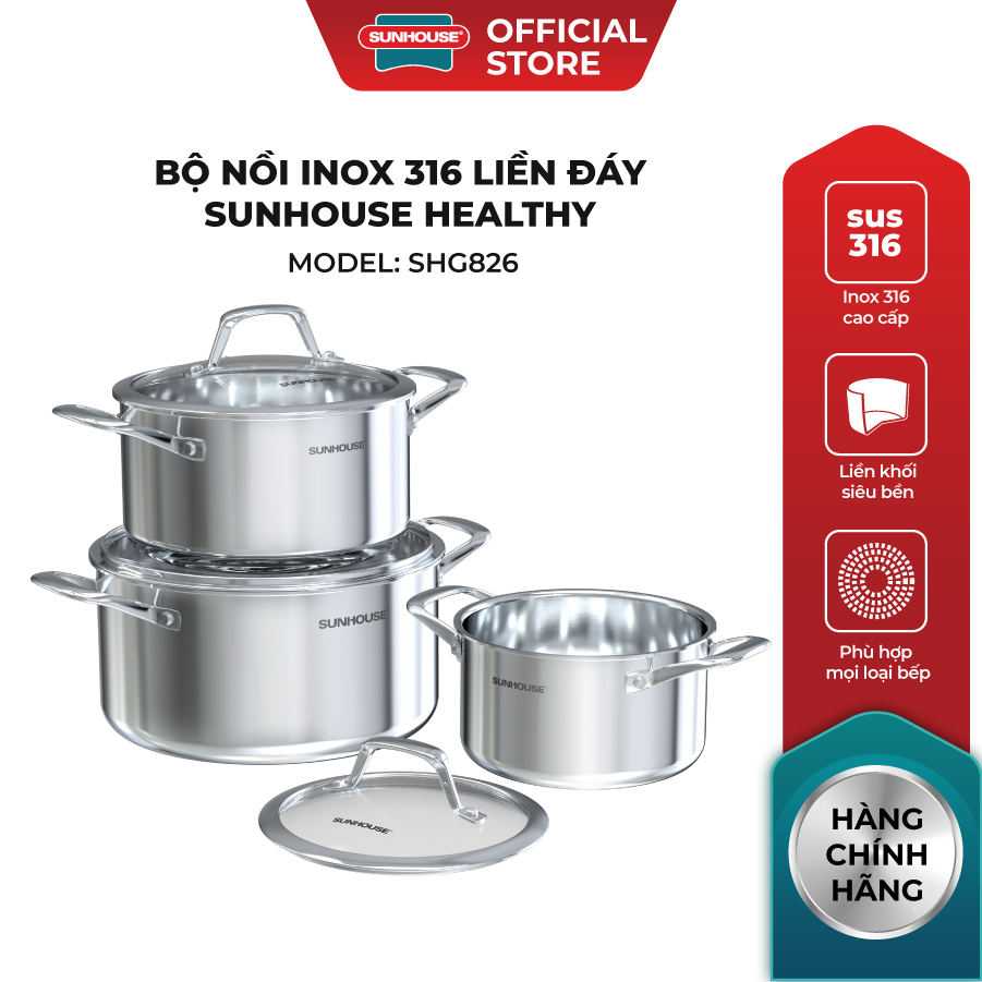 Bộ nồi Inox 316 liền đáy Sunhouse Healthy SHG826