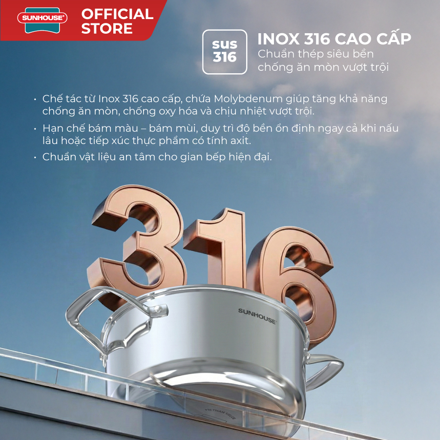 Bộ nồi Inox 316 liền đáy Sunhouse Healthy SHG826 - Ảnh 2