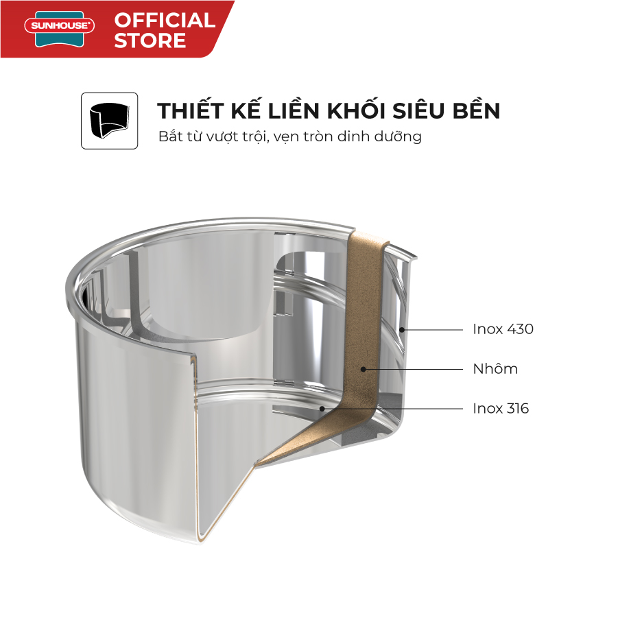 Bộ nồi Inox 316 liền đáy Sunhouse Healthy SHG826 - Ảnh 3
