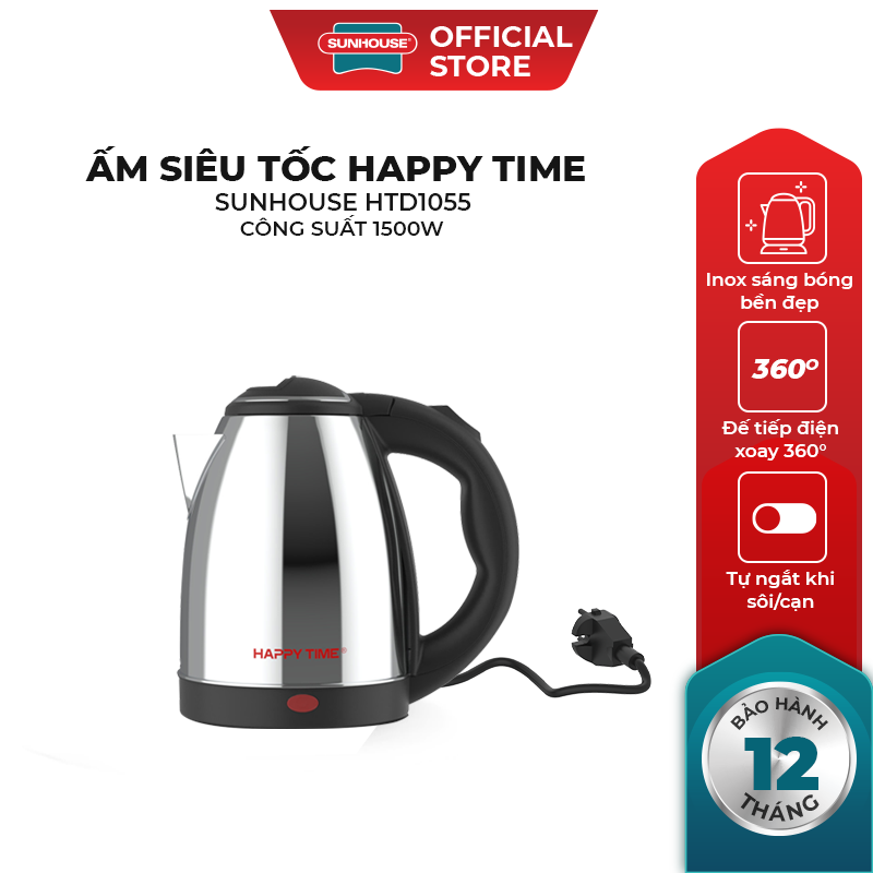 Ấm siêu tốc Inox 1.5L Happy Time HTD1055