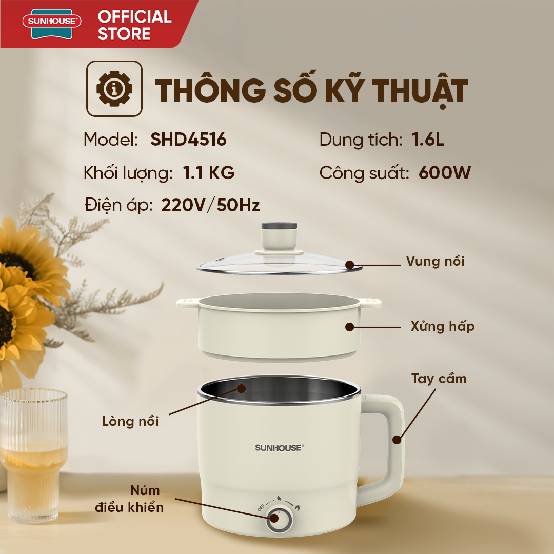 Lẩu điện mini đa năng 1.6L Sunhouse SHD4516 - Ảnh 2