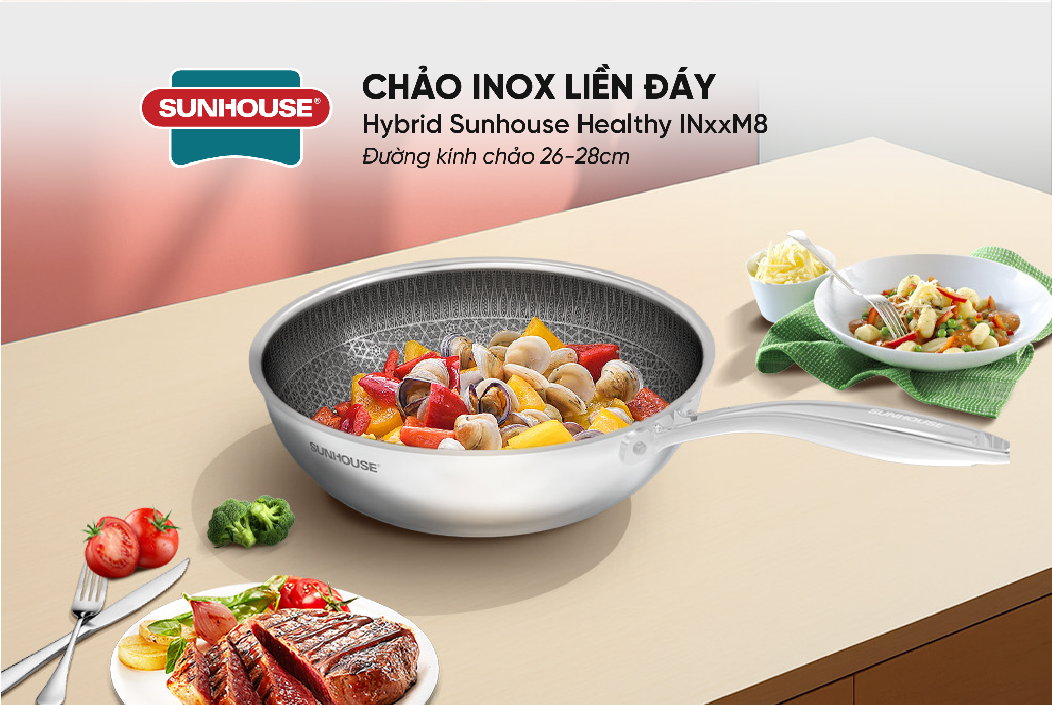 Chảo xào inox liền đáy Hybrid Sunhouse Healthy IN26M8VK - Ảnh 2
