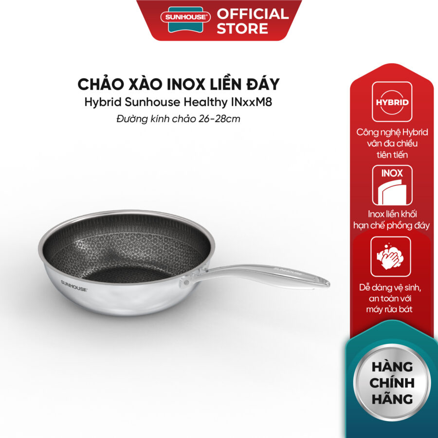 Chảo xào inox liền đáy Hybrid Sunhouse Healthy IN26M8VK