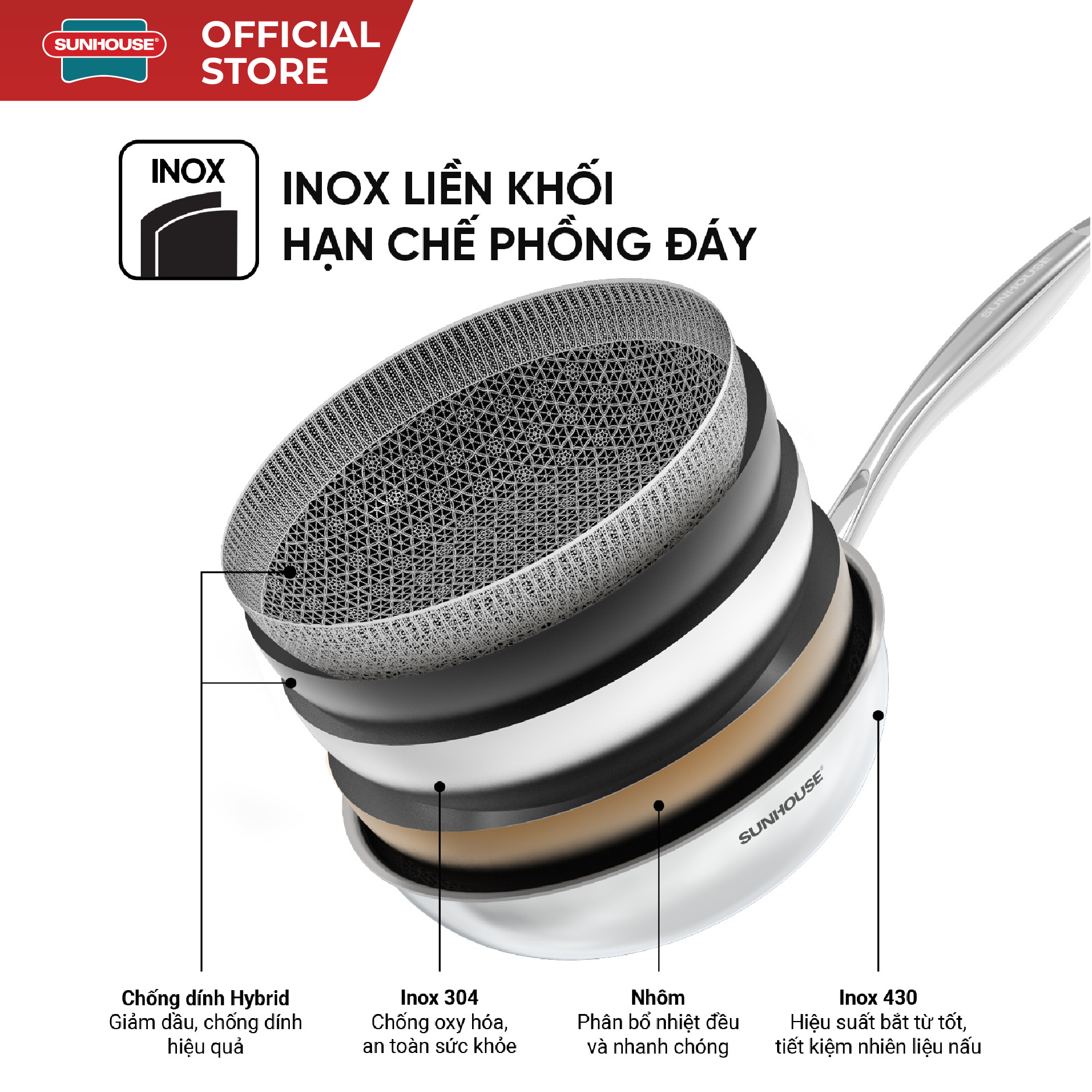 Chảo xào inox liền đáy Hybrid Sunhouse Healthy IN26M8 - Ảnh 3