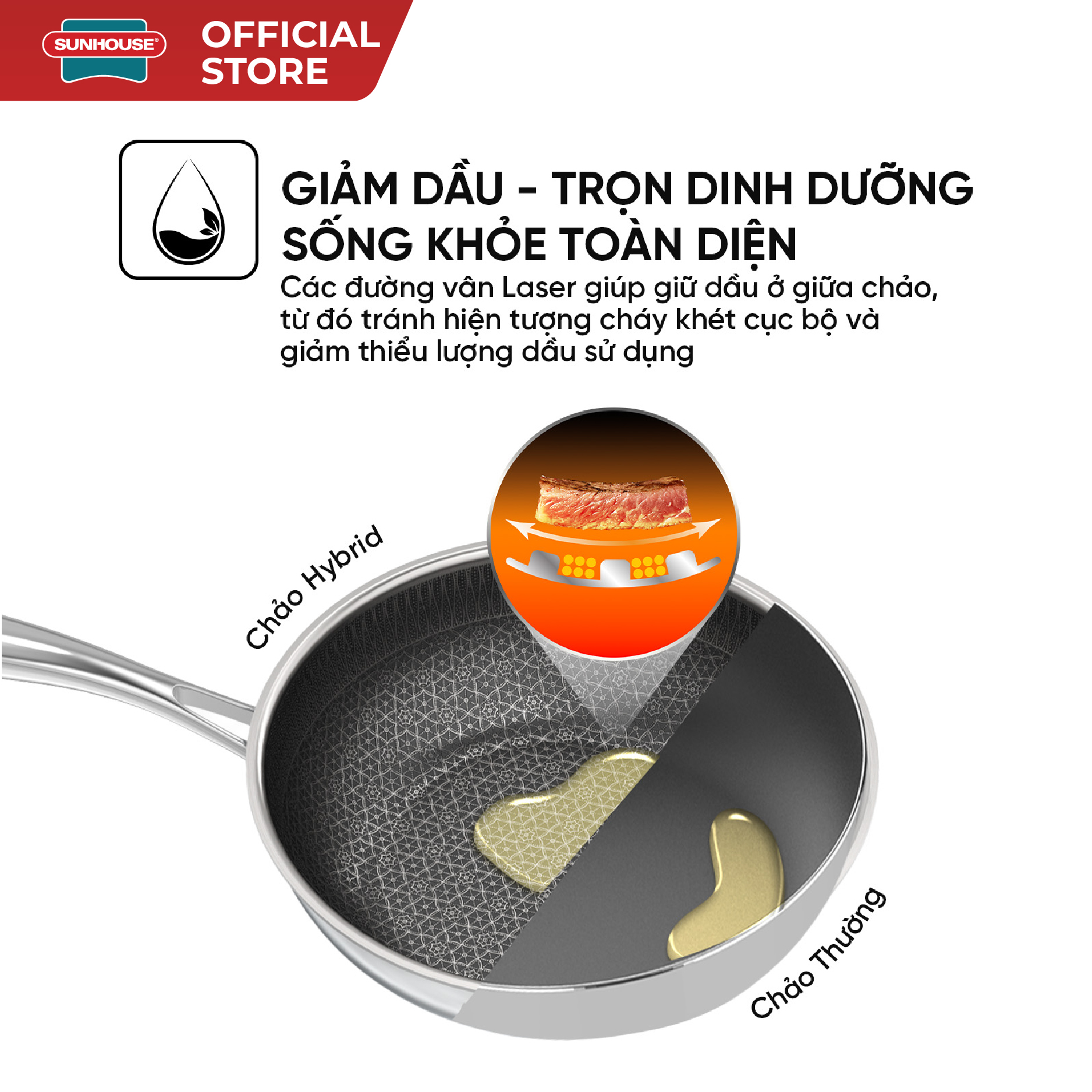 Chảo xào inox liền đáy Hybrid Sunhouse Healthy IN26M8VK - Ảnh 5