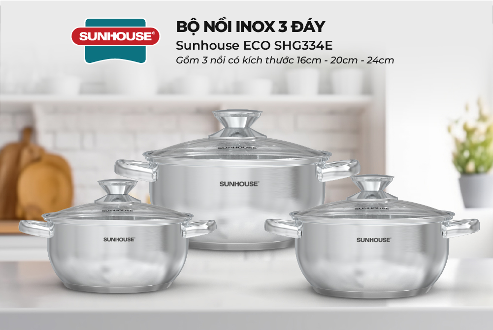 Bộ nồi inox 3 đáy Sunhouse Eco SHG334E - Ảnh 2