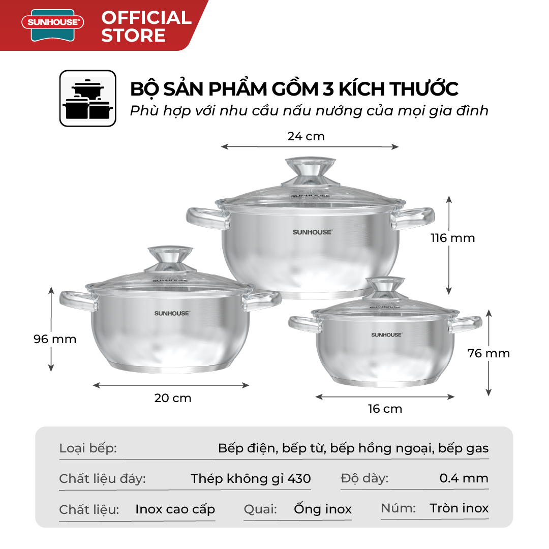 Bộ nồi inox 3 đáy Sunhouse Eco SHG334E - Ảnh 6