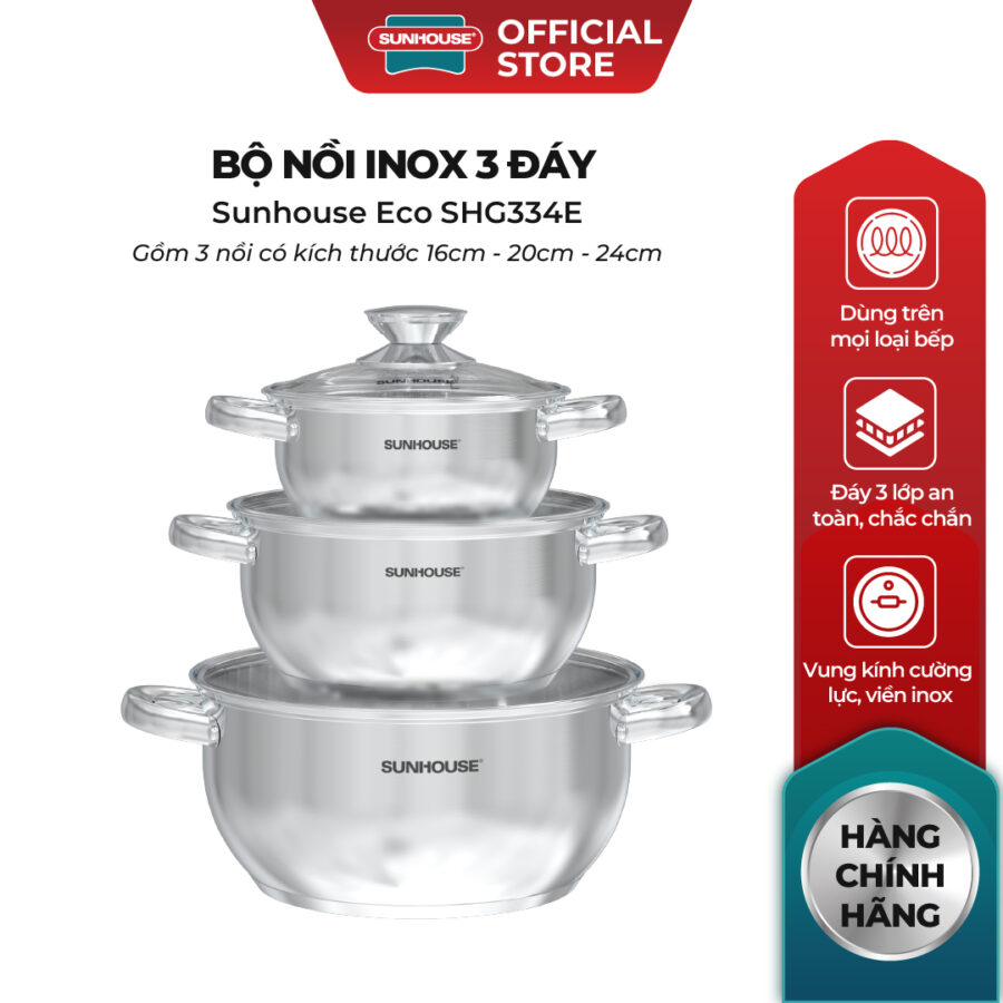 Bộ nồi inox 3 đáy Sunhouse Eco SHG334E