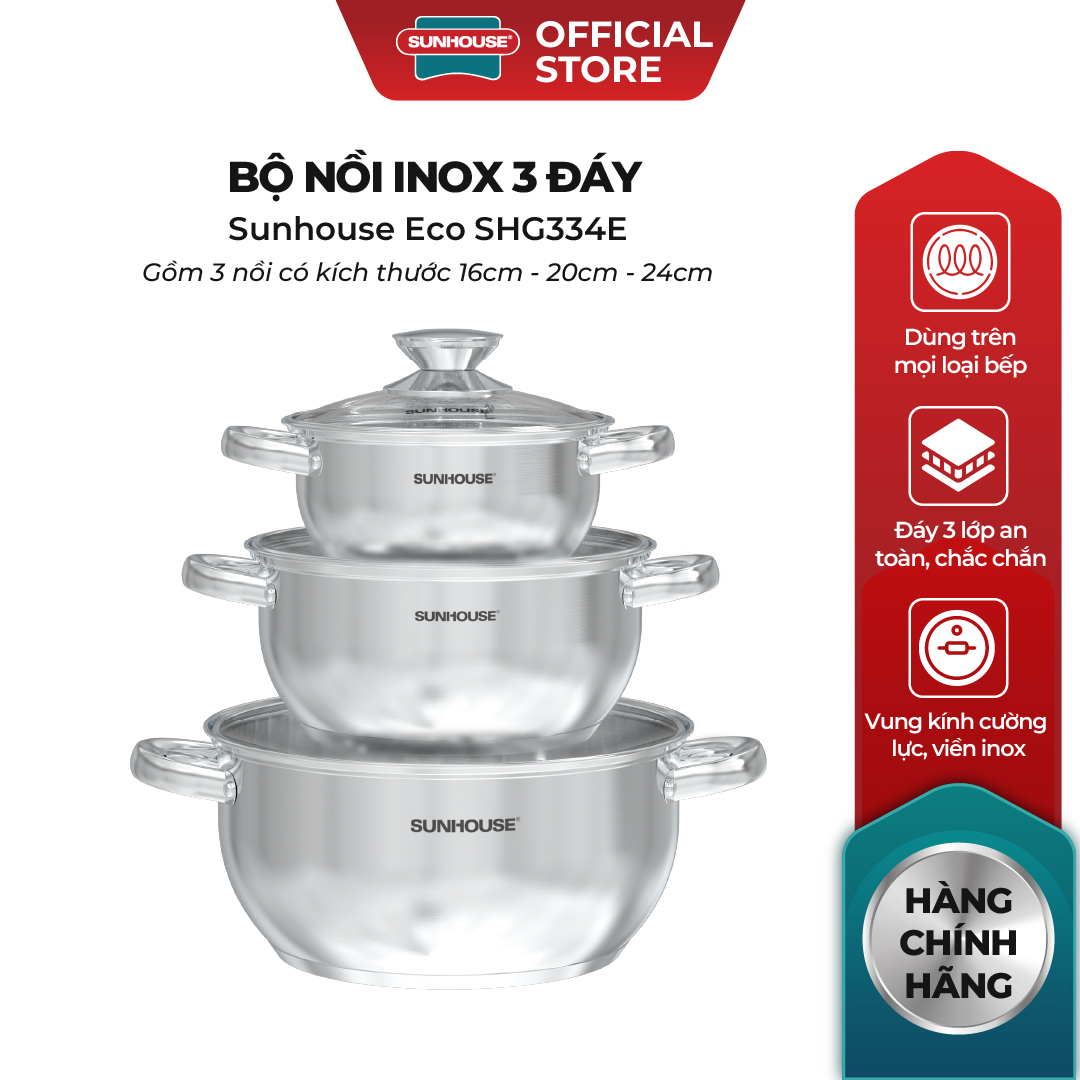 Bộ nồi inox 3 đáy Sunhouse Eco SHG334E