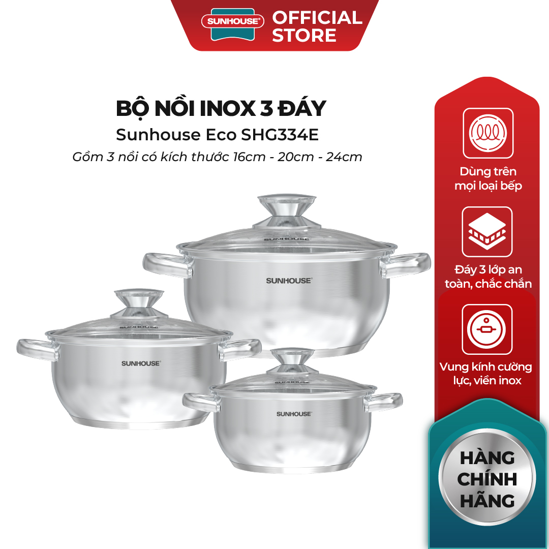 Bộ nồi inox 3 đáy Sunhouse Eco SHG334E - Ảnh 3