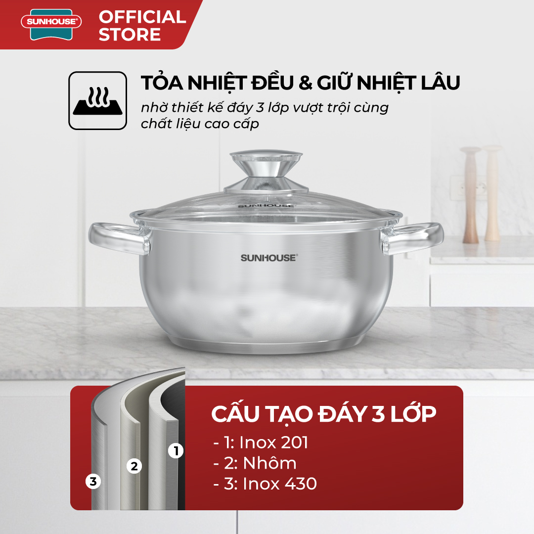 Bộ nồi inox 3 đáy Sunhouse Eco SHG334E - Ảnh 4
