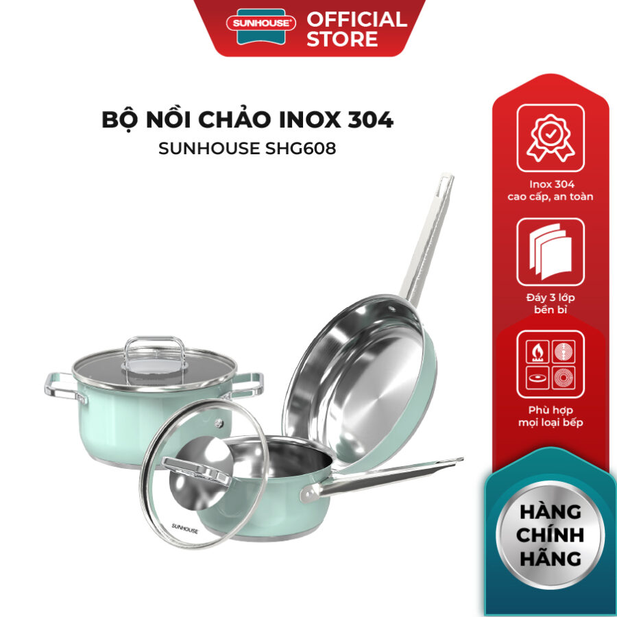 Bộ nồi chảo Inox 304 Sunhouse SHG608