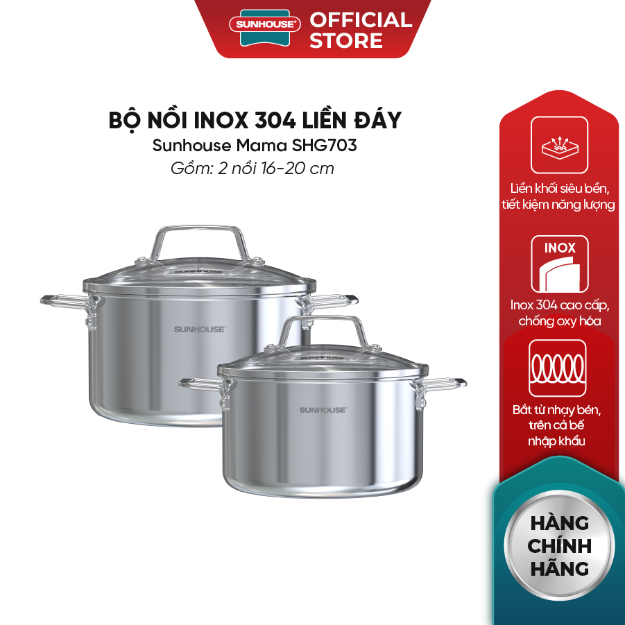 Bộ nồi Inox 304 liền đáy Sunhouse Healthy SHG703
