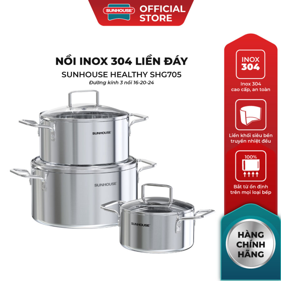 Bộ nồi inox 304 liền đáy Sunhouse Healthy SHG705