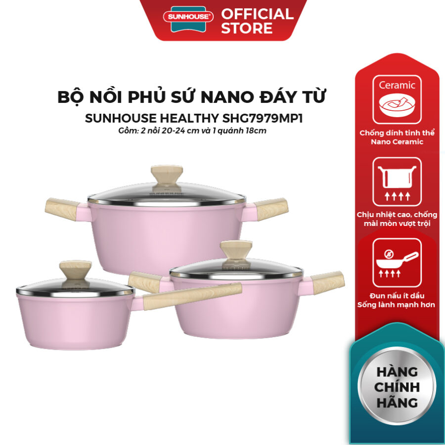 Bộ nồi phủ sứ Nano đáy từ Sunhouse Healthy SHG7979MP1