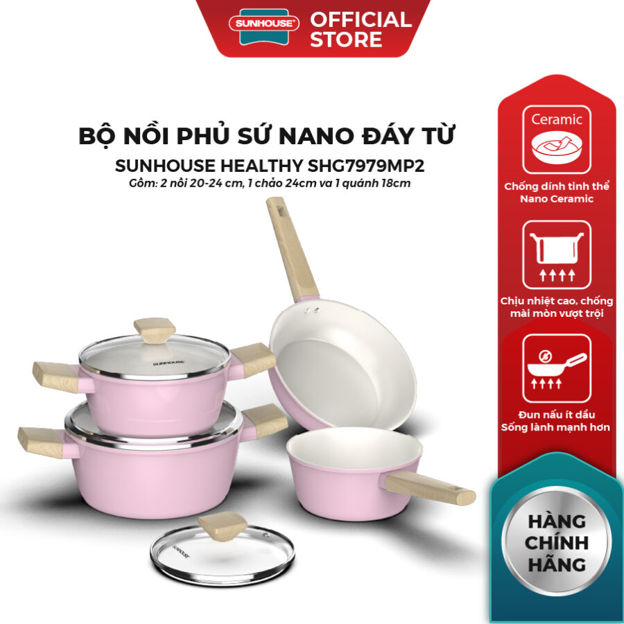 Bộ nồi phủ sứ Nano đáy từ Sunhouse Healthy SHG7979MP2