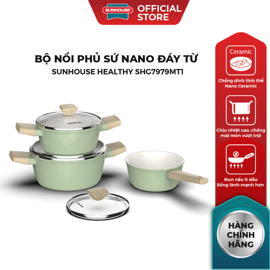 Bộ nồi phủ sứ Nano đáy từ Sunhouse Healthy SHG7979MT1