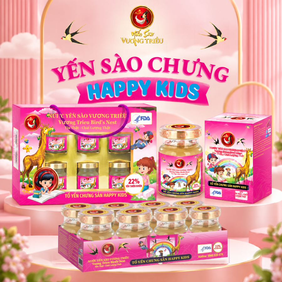 Yến Sào Chưng Sẵn Vương Triều Happy Kids 22% (Hộp 6 Lọ/ Lốc 8 Lọ/ Lọ Lẻ)