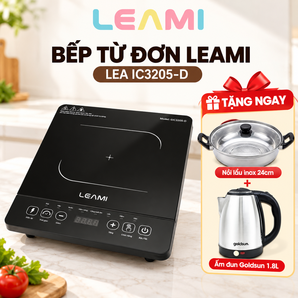 Bếp điện từ Leami Tặng Nồi lẩu inox 24cm và 1 Ấm Đun GoldSun 1.8L