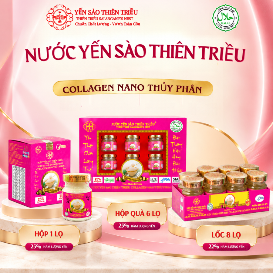 Nước Yến Sào cao cấp Thiên Triều Collagen Nano thủy phân 25% yến tươi ( Hộp 6 Lọ/ Lốc 8 Lọ/ Lọ Lẻ)