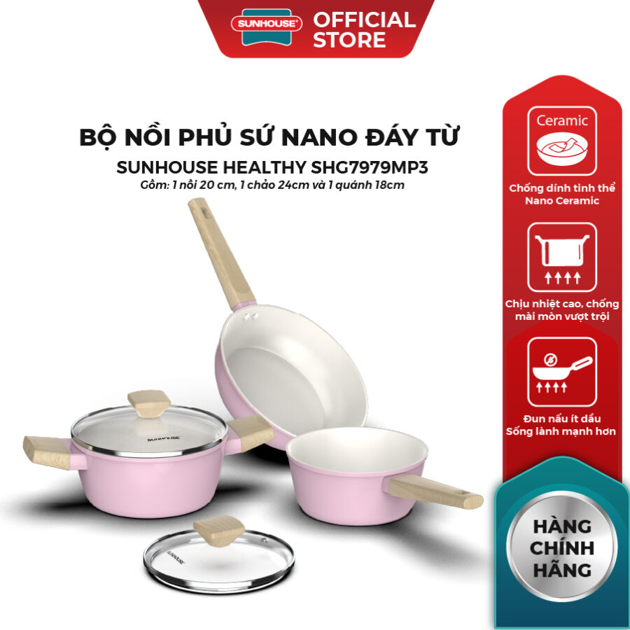 Bộ nồi phủ sứ Nano đáy từ Sunhouse Healthy SHG7979MP3