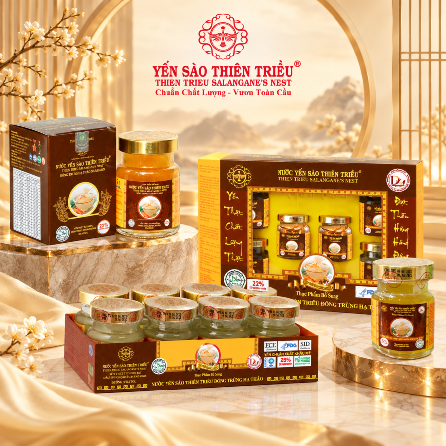 Nước Yến Sào cao cấp Thiên Triều Đông Trùng Hạ Thảo 25% yến tươi ( Hộp 6 Lọ/ Lốc 8 Lọ/ Lọ Lẻ)